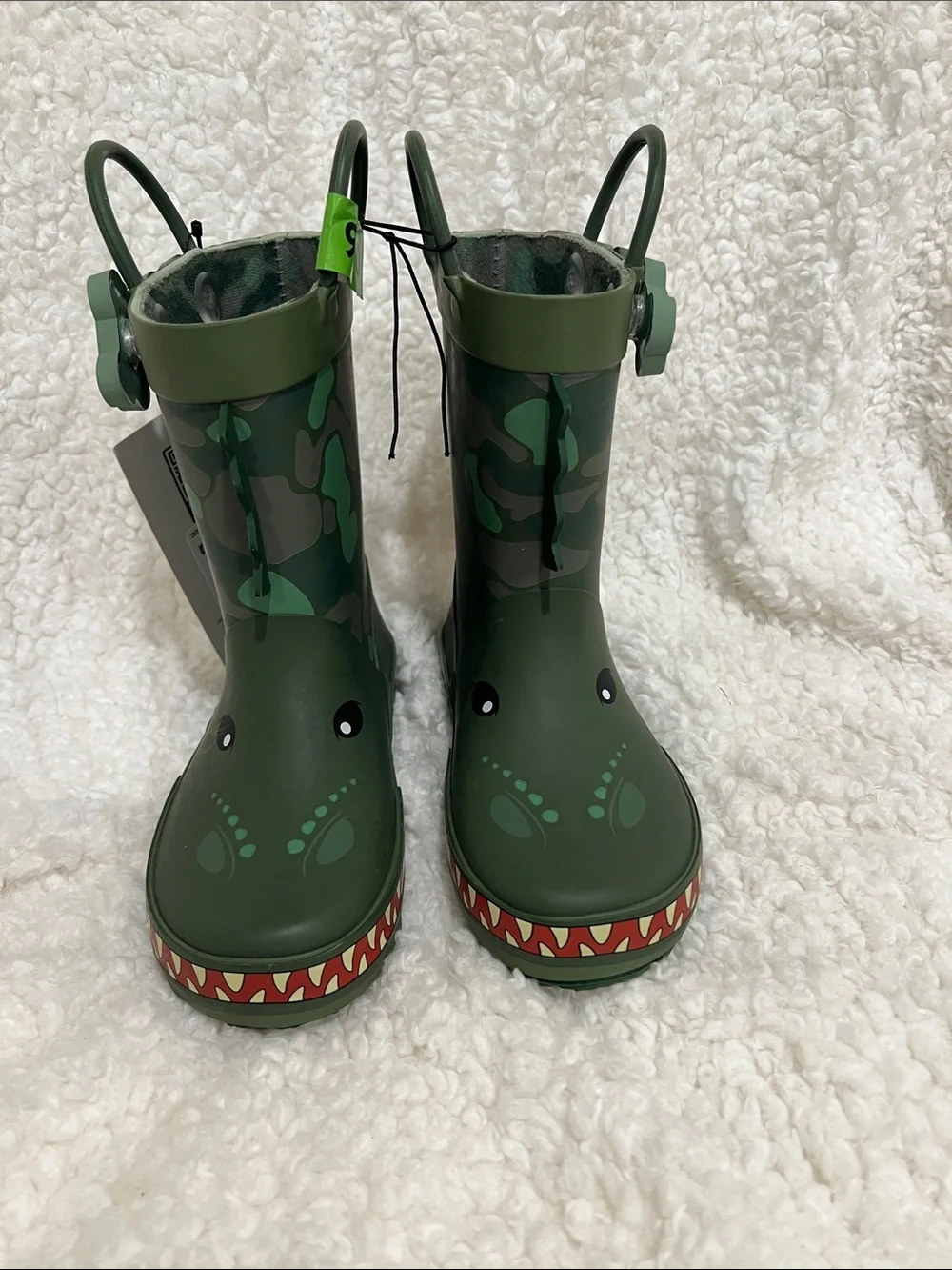 Kids Green Dinosaur Rain & Snow Boots with Easy Pull Handles